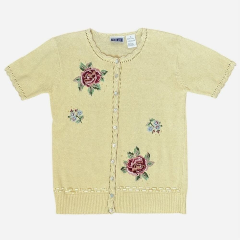 VTG Erika & Co Yellow Short Sleeved Embroidered Beaded Floral Cardigan Sz M